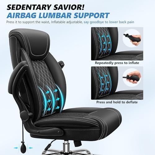 BestGlory Executive Office Chair with Lumbar Support, Big and Tall Ergonomic Computer Desk Chair, Leather Comfy High Back Gaming Chair with Flip Up Arms & Rocking Function for Home Office, Black