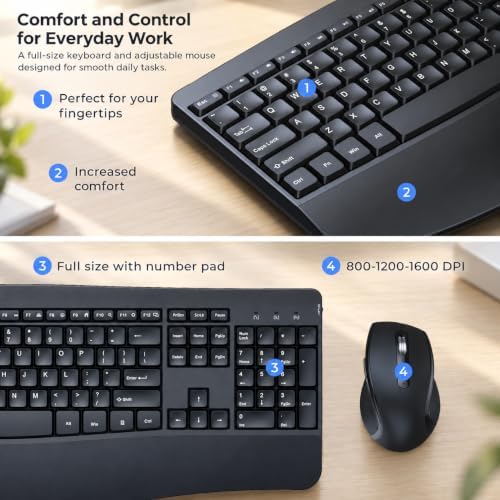 Wireless Keyboard and Mouse Combo, 2.4G Ergonomic Wave Keys, Black