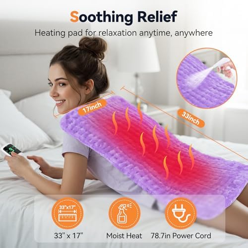 Heating Pad for Back Pain, 17"x33" Electric Heat Pad with 9 Heat Levels & 4 Auto-Off Timers, Portable Heating Pad for Period Cramps, Shoulder, Neck, Machine Washable, Gifts for Women Men, Purple
