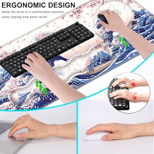 Mouse Pad,Large Pink Desk Mat, 4in1 XXL Mousepad + Keyboard Wrist Rest+Mouse Wrist Rest+Coaster Set with Ergonomic Desk Pad for Home Office Table Computer-Japanese Sea Wave