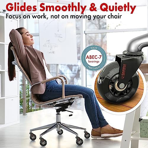 Office Chair Wheels Replacement Set - Soft Desk Chair Casters for Wood Hardwood Floors & Carpet - Heavy Duty & Safe For All Floors Without Chair Mats - Fits 98% Computer Gaming & Office Chairs - Black