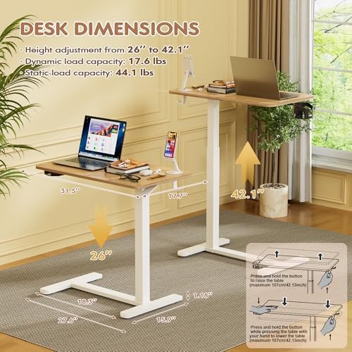 Furmax Mobile Standing Desk with Wheels, Pneumatic Adjustable Rolling Computer Desk Laptop Table for Bed, Couch (Maple, Small)