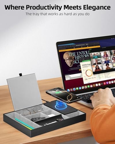 Leather Valet Tray with Wireless Charging Pad - Luxury EDC Nightstand Organizer for Men - Premium Desk Tray for Phone, Watch, Glasses & Keys - Sleek Office Desk Accessories & Gift for Him (Black)