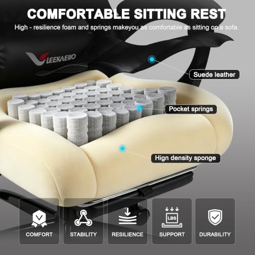 Gaming Chair for Adults, Computer Chair with Footrest and Pocket Spring Cushion,Comfortable Ergonomic Video Game Chair with Lumbar Support and Headrest for Office Home (White)