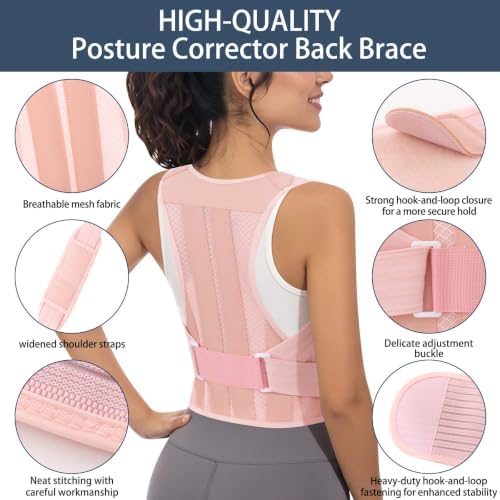 Posture Corrector for Women and Men Full Back Support Brace Adjustable Breathable Full Back Shoulder Straightener for Scoliosis (Pink, Small)