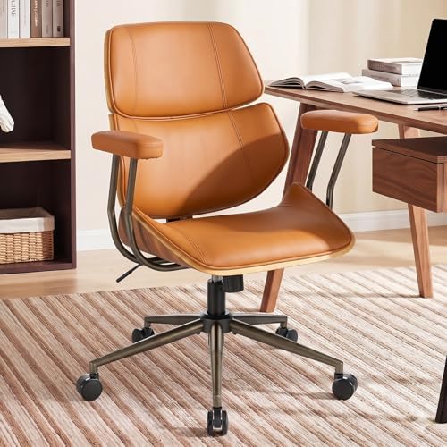 Mid Century Walnut Bentwood PU Leather Office Chair with Arms, Brown