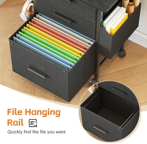3-Drawer Mobile File Cabinet with 22" Wide Printer Stand, Fabric Under Desk Filing Cabinet with Side Bag & Headphone Hook, Fits Letter/A4 Size Hanging File Folders, Rolling Home Office Organizer,Black