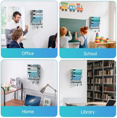 4-Tier Wall File Organizer and Mail Organizer with 5 Hooks, Black