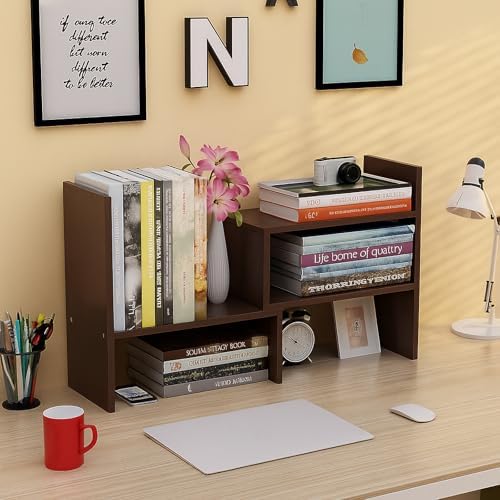 Desktop Shelf Organizer, Adjustable Wood Office Storage Rack, Counter Display Small Bookshelf for Home/Office/School(Dark Walnut)