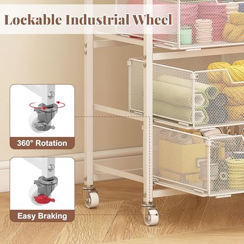 4-Drawer Rolling Storage Cart, Utility Cart with Drawers, White Metal Craft Cart Organizer with Wheels & Wooden Top, Art Supply Storage Organizer for Classroom, Office, Kitchen,Patent Pending