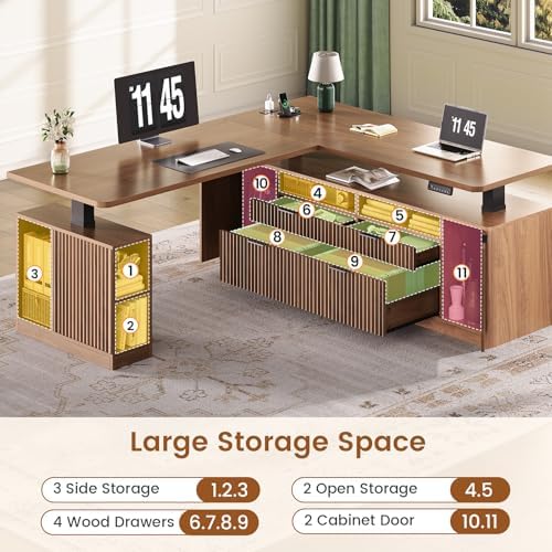 SEDETA Fluted L Shaped Executive Electric Standing Desk with 4 Drawers