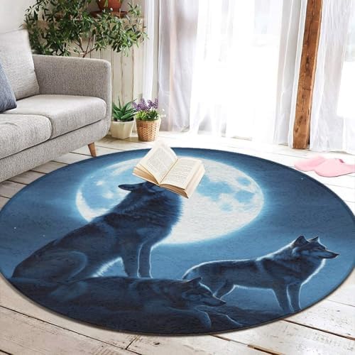 Large Machine Washable Circular Rugs, Home Decor Round Mat for Living Room Sofa Office Full Moon Howling Wolves