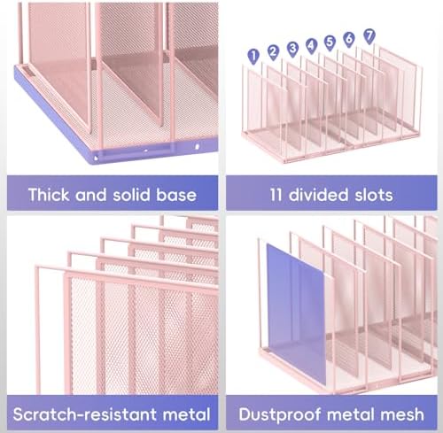 File Organizer for Desk, 7-Section Vertical File Sorter, Paper Holder Organizer Standing Metal File Folder for Office Home Classroom, Pink