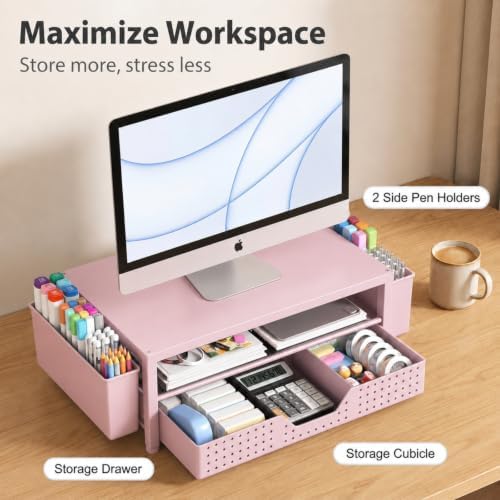 ECOLOVI Desk Organizer and Accessories, 2-Tier Computer Monitor Stand Rise with Storage Drawer & 2 Pen Holders, Laptop & Printer Stand for Desktop, Workspace Organizers for Office Supplies (Pink)