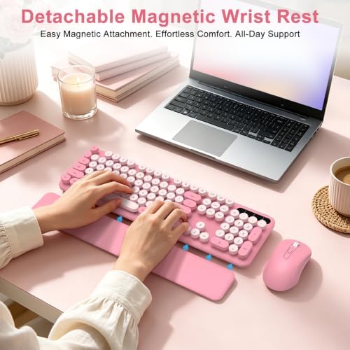 Pink Wireless Keyboard and Mouse Combo, Magnetic Wrist Rest, Round Keycap