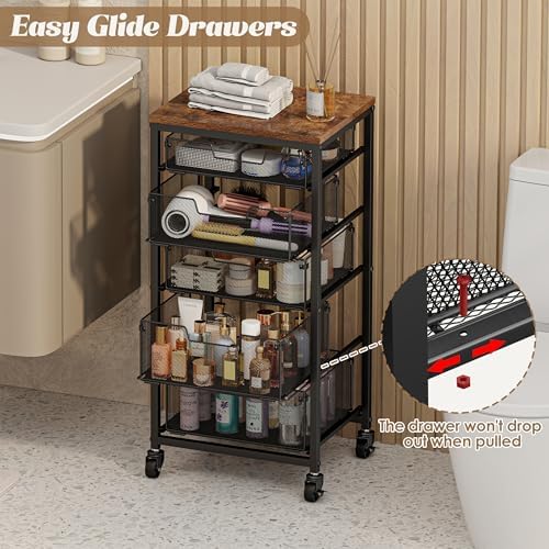 Rolling Cart with Drawers, 5-Drawer Storage Cart on Wheels with Vintage Wooden Top, Heavy Duty Metal Utility Cart, Mobile Craft Art Storage Cart for Kitchen, Bathroom, Office, Bedroom, Art Studio