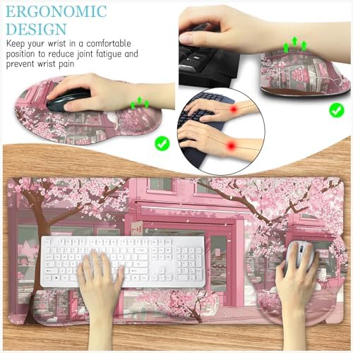 LIMKRIAN Anime Cat Mouse Pad with Wrist Rest, Pink Desk Mat Set for Women