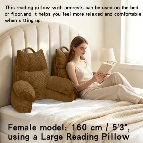 Reading Pillow for Bed with Arms, Back Support, Memory Foam（Brown，Large）