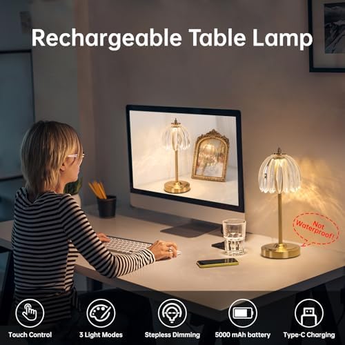 Shenmoyl Set of 2 Tulip Table Lamp with 5000mAh Battery & Touch Control, Cordless Table Lamp with 3 Colors, Dimmable Rechargeable Table Lamps for Bedroom, Living Room, Entryways (Transparent Tulip)