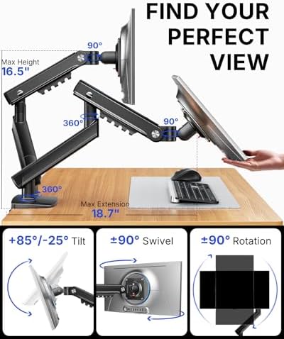 HUANUO FlowLift Pro Dual Monitor Mount for 13–27" Screens, MechaSpring Monitor Stand, Adjustable Monitor Arms for 2 Monitors with Tilt/Swivel/Rotation, Tool-Free VESA Mount, Max Load 15.4 lbs