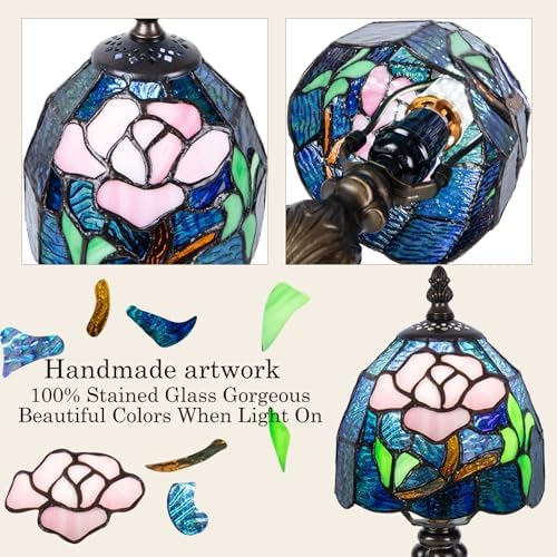 Small Tiffany Table Lamp, 3 Color-Temperature Roses Stained Glass Lamp,6 Inch Tiffany Style Lamp for Bedroom Living Room Home, Handcrafted Light, Included Bulb (Blue)