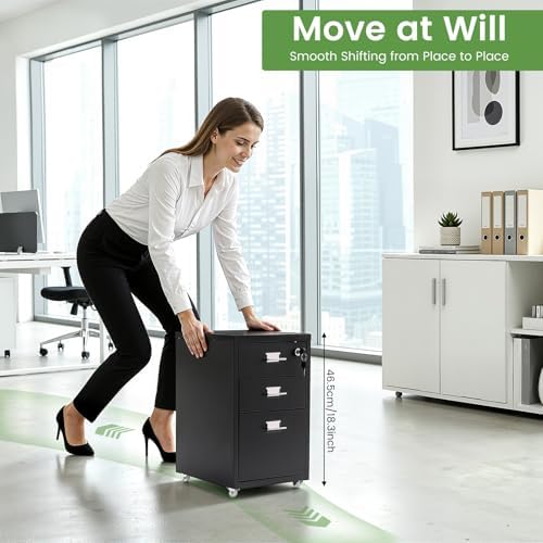 3 Drawer File Cabinet with Lock, Freestanding Filing Metal Drawers Organizer Vertical Metal Rolling Organizer Movable Under Desk Cabinet with Wheels for Home Office Living Room Study (3 Tiers Black)