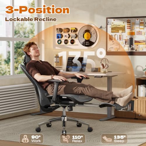 GABRYLLY Ergonomic Office Chair with Adjustable Lumbar Support, 3D Armrests & Headrest, 135° Reclining Chair with Footrest & Large Steel Base,300LBS Swivel Desk Chair - GYMN01-DG