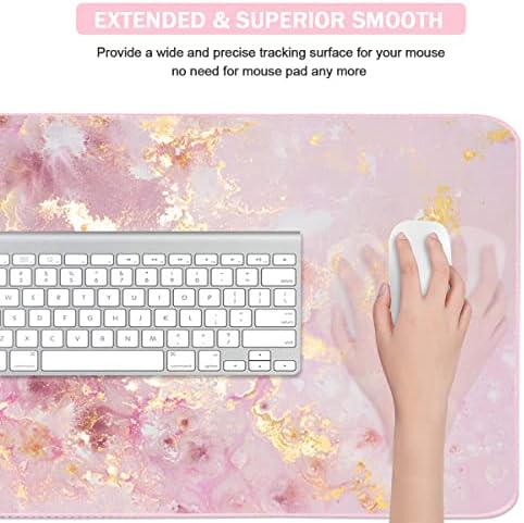 Extended Gaming Mouse Pad(35.4x15.7 in), Large Desk Pad Laptop Computer Keyboard Mat Waterproof Desk Decor Writing Pad for Work, Game, Office, Home - Pink Gold Marble