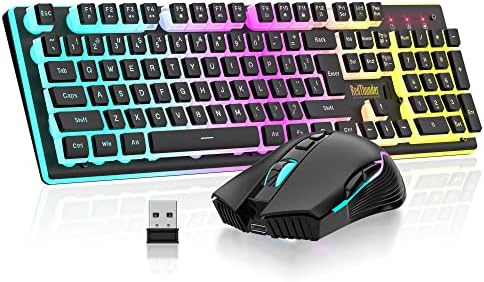 RedThunder K10 Wireless Gaming Keyboard and Mouse Combo, RGB Backlit Rechargeable 3800mAh Battery, Mechanical Feel Anti-ghosting Keyboard with Pudding Keycaps + 7D 3200DPI Mice for PC Gamer (Black)
