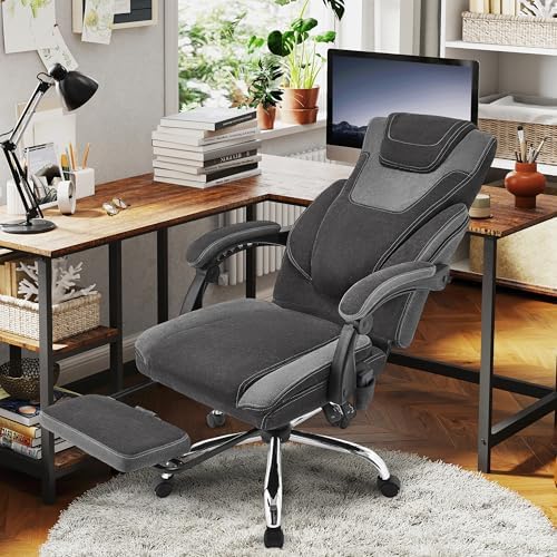 Office Chair with Foot Rest, 6-Point Vibration Massage & Heat Executive Office Chairs, Ergonomic Desk Chair for Heavy People, Big and Tall Office Chair 500LBS, Recliner with Padded Armrest, BlackGrey