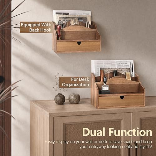 Rebee Vision Acacia Wood Mail Organizer for Desk with Drawer Entryway,Brown