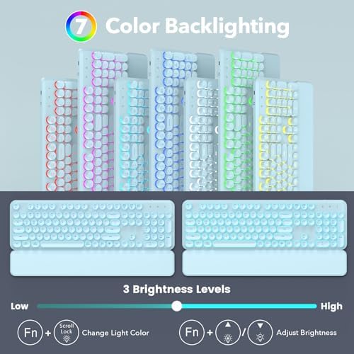 Wireless Keyboard and Mouse Combo, Backlit Round Keycaps, Glowing Blue