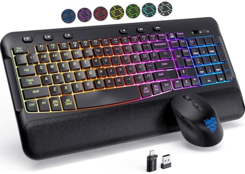 Ergonomic Wave Wireless Keyboard Mouse Combo, 9 RGB Backlit, Silent Keys