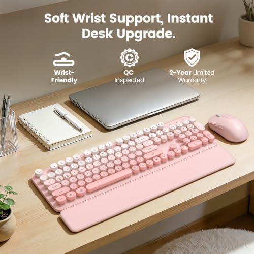 Wireless Keyboard and Mouse Combo, Magnetic Soft-Touch Wrist Rest, Pink