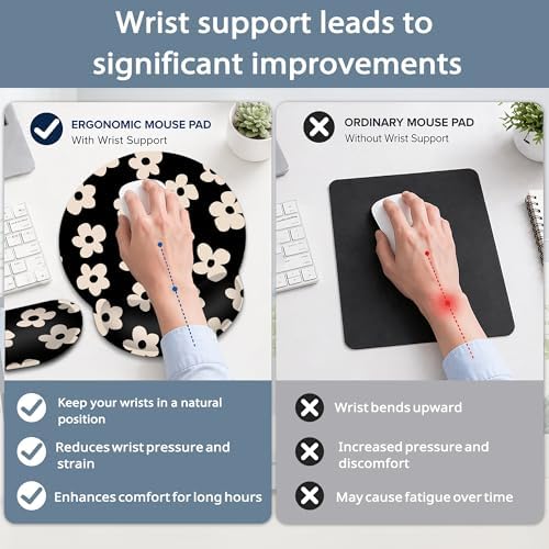 Ergonomic Keyboard and Mouse Wrist Rest Set, Abstract Black Flower Mouse Pad with Non Slip Base, Soft Cloth Surface for Office and Home Typing Support