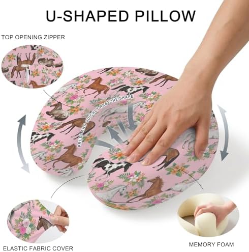 Travel Pillows U Shape Memory Foam Pink Flower Horse Plane Neck Pillows Head Support Comfort Portable Floral Animal Headrest Neck Pillow for Airplane Car Office Home Chair Sleeping Napping Rest