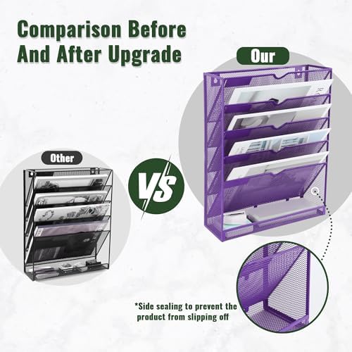 EASEPRES 6 Tier Mesh Hanging Wall File Organizer, Desk Vertical Mail Paper Document Folder Holder Rack with Bottom Tray and Nametag Label for Office Home School, Purple