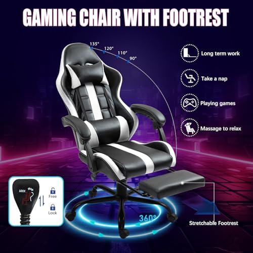 Gaming Chair with Ergonomic Footrest & Massage Lumbar Support, White