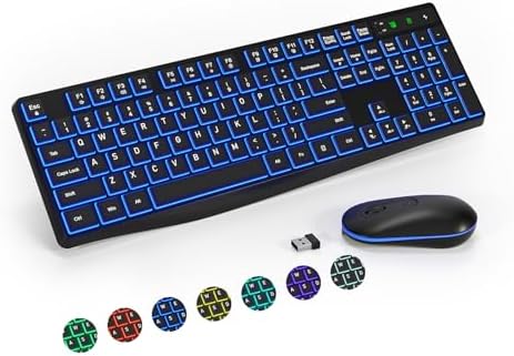 Wireless Keyboard and Mouse Combo, Lovaky 2.4G Full-Sized Ergonomic Keyboard Mouse, 3 DPI Adjustable Cordless USB Keyboard and Mouse, Quiet Click for Computer/Laptop/Windows/Mac (RGB Rainbow, 1 Pack)