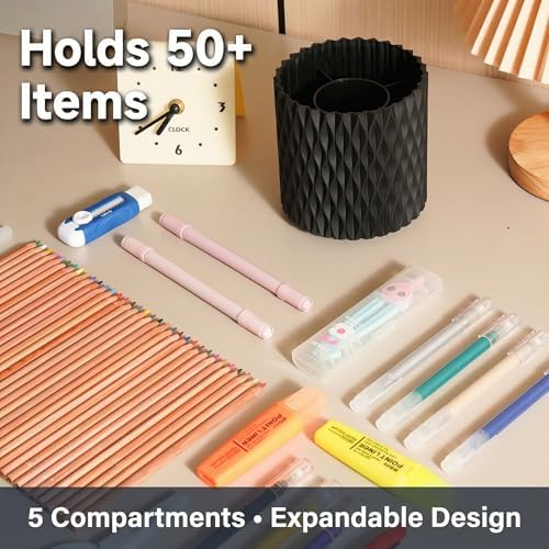 Black Pen Holder for Desk, 360° Rotating Pencil Organizer, 5 Slots