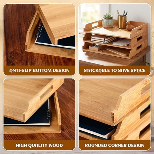 AceOrbit 3 Pcs Stackable Paper Tray Bamboo Wood Desk Organizer Letter Tray