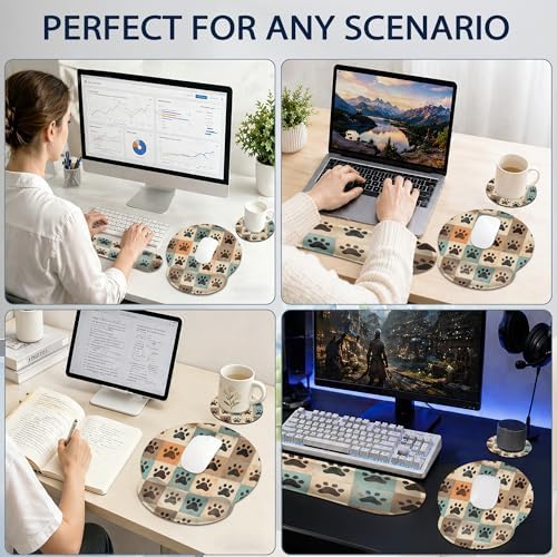 Cute Paw Print Ergonomic Memory Foam Wrist Rest Set for Keyboard and Mouse,Vintage Supportive Mouse Pad with Non Slip Base for Office Work and Gaming