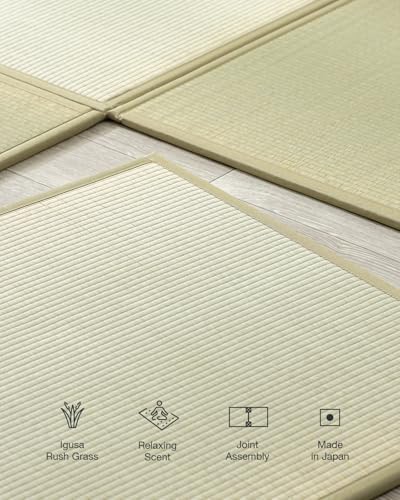 FULI Japanese Square Tatami Mat, 32x32x0.6 in, Natural, 4 Pieces, Igusa