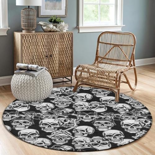 Men's Large Home Decor Mat, Soft Round Yoga Carpet, Non Slip Machine Washable Home Office Circle Rug Cool Funny Goth Skulls Art, 36inch