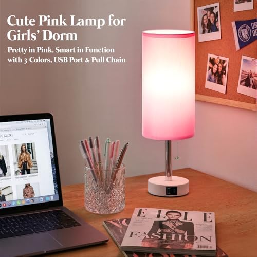 Dicoool Pink Bedside Table Lamp for Girls Bedroom - USB A+C Charging Ports