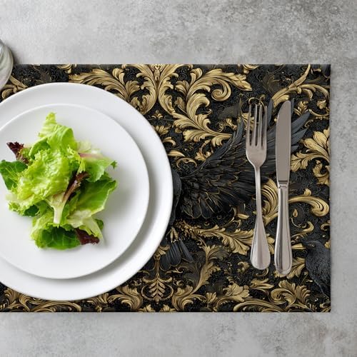 Damascus Raven Gold Placemats, Gold Black Baroque Raven Pattern Place Mats for Dining/Kitchen Table Waterproof Washable Linen Heat Insulation Dinner Table Mats 12x18 in 4 PCS