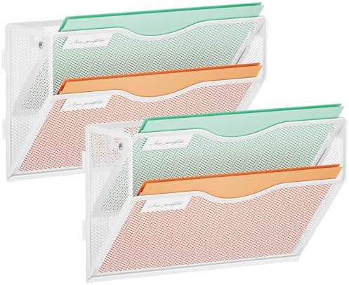 Marbrasse Wall File Holder 2-Tier Hanging Wall File Organizer, Mesh Mail Holder for Papers, Wall Mount File Clipboard & Magazine Organizer Great for Office Home - 2P(White)