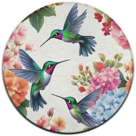 Women's Large Home Decor Mat, Soft Round Yoga Carpet, Non Slip Machine Washable Home Office Circle Rug Bird Colorful Flowers Hummingbirds Floral