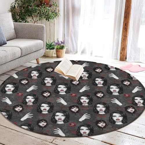 Fashion Round Area Rug Large Non Slip Carpet Unisex Home Decor Mat Dark Fantasy Gothic Women Vampires Blood Face, 36inch