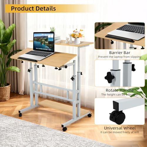 FAHKNS Small Standing Desk, Portable Stand Up Desk with Wheels, Adjustable Height Computer Desk for Home Reading Desk and Office Work